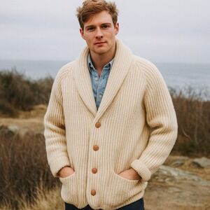 Vintage Pringle of Scotland Sweater Mens Large Shetland Wool Shawl Collar Cream